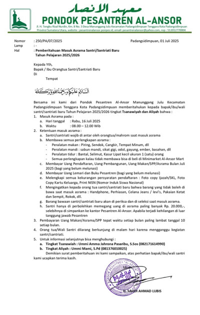 Penerimaan Santri Baru TP> 2025/2026